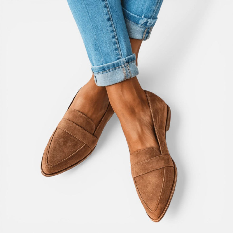 Women's pointed toe loafers with vamp strap detail and low heels