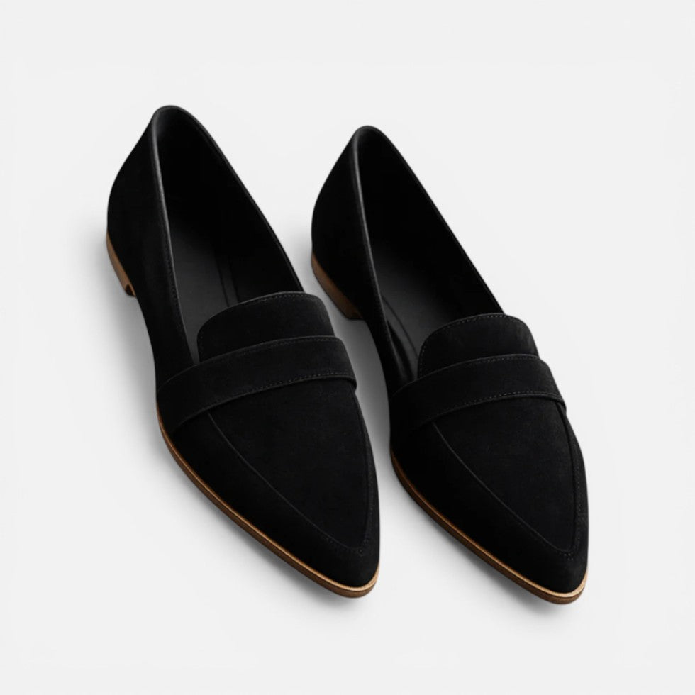 Women's pointed toe loafers with vamp strap detail and low heels