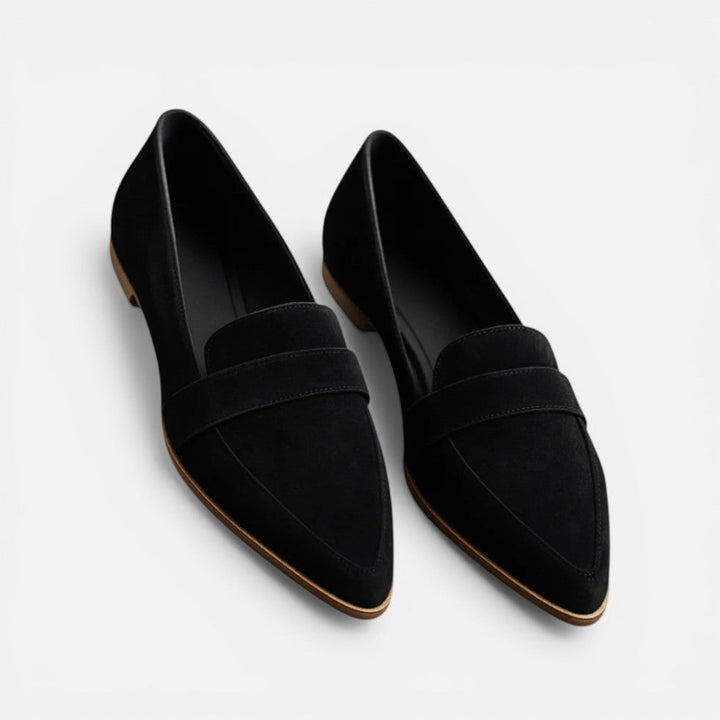 Women's pointed toe loafers with vamp strap detail and low heels