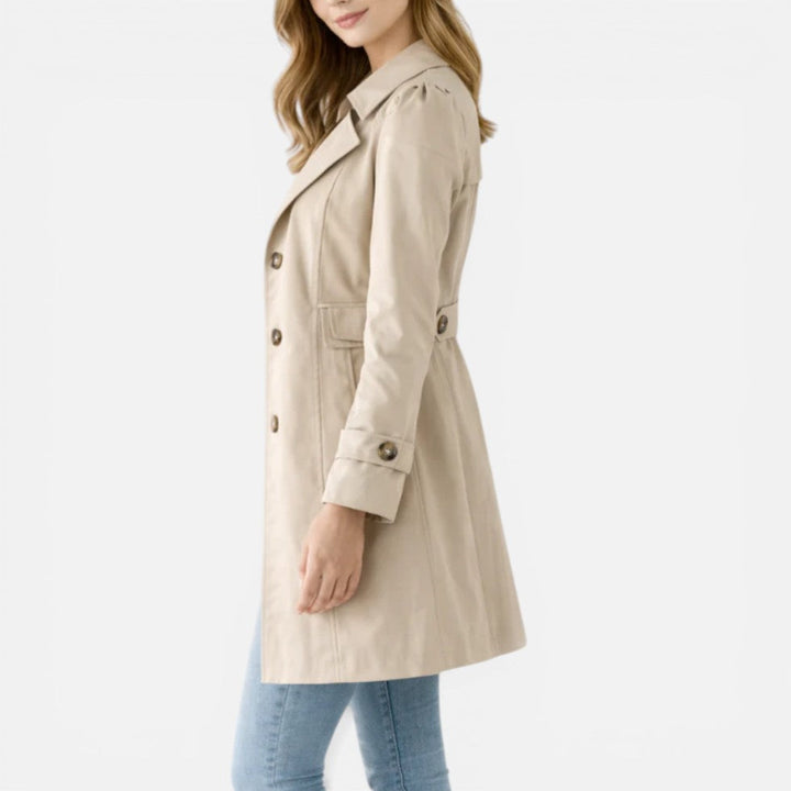 Women's knee-length button front trench coat with notched collar and long sleeves