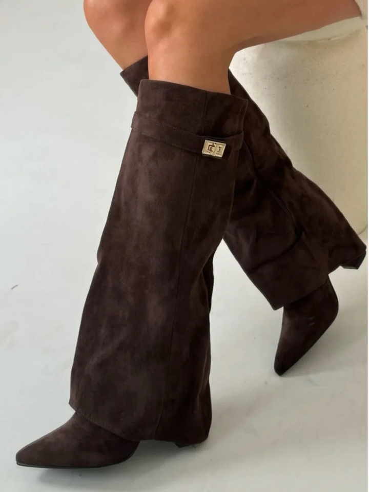 Women's knee-high pointed-toe boots with low heel, side zipper and metallic trim