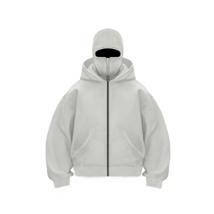 Unisex hooded zip hoodie with integrated face cover and front pockets