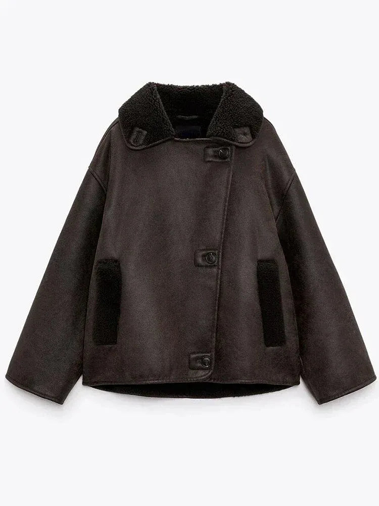 Women's brown oversized aviator jacket with wide dark collar and cuffs