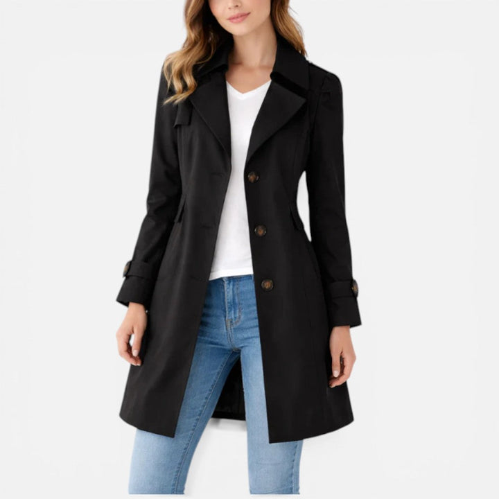 Women's knee-length button front trench coat with notched collar and long sleeves