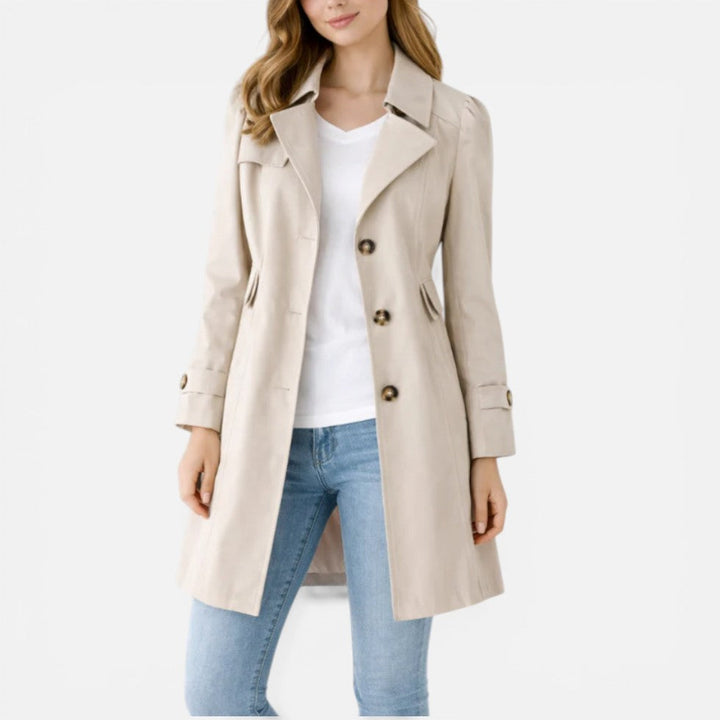 Women's knee-length button front trench coat with notched collar and long sleeves