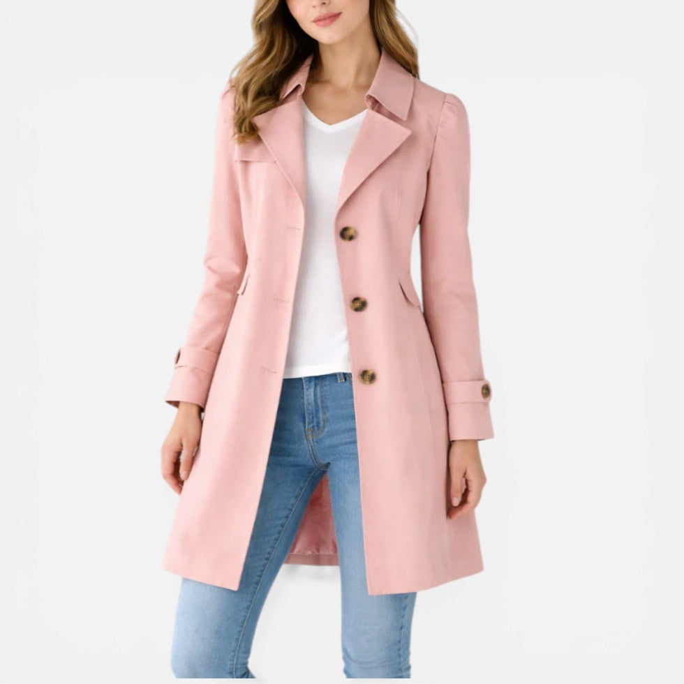 Women's knee-length button front trench coat with notched collar and long sleeves