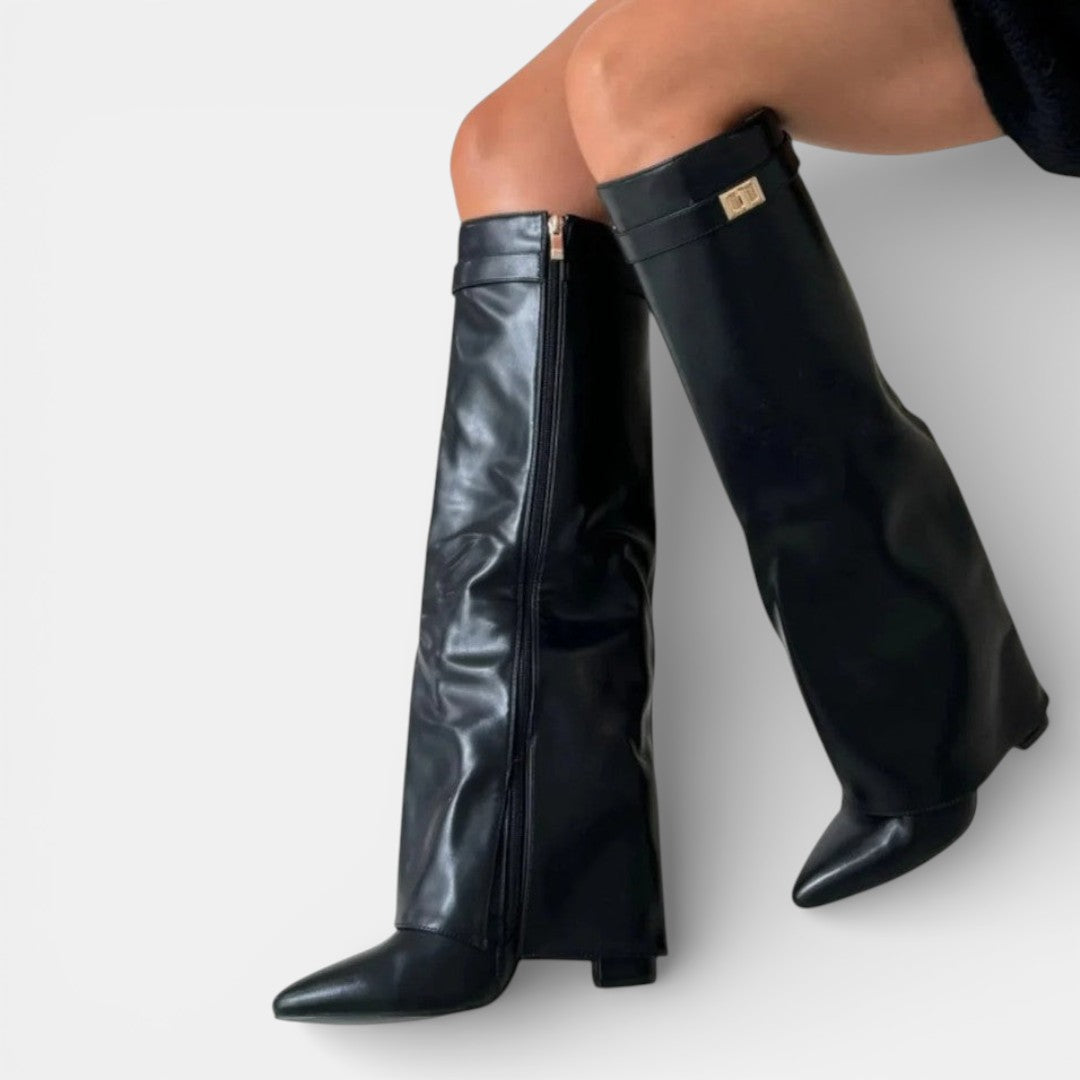 Women's knee-high boots with pointed toes, block heels, side zippers and buckle trims