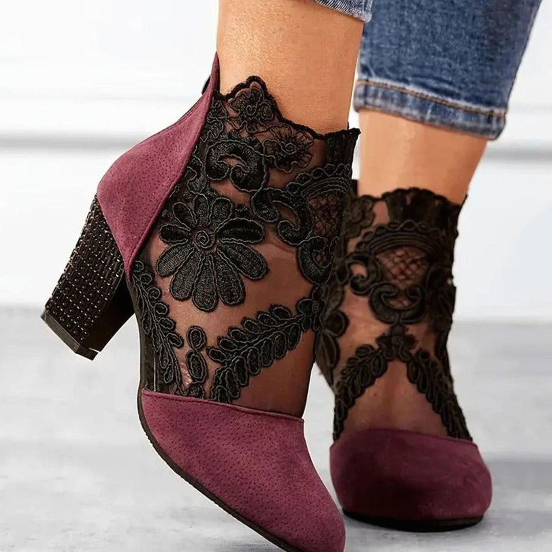 Ines | Women's Floral Lace Ankle Booties Block Heels