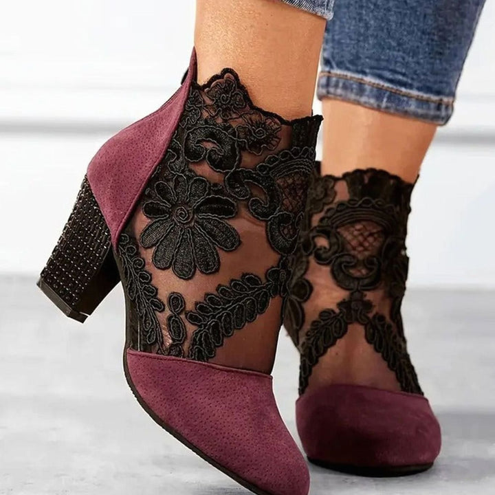 Ines | Women's Floral Lace Ankle Booties Block Heels