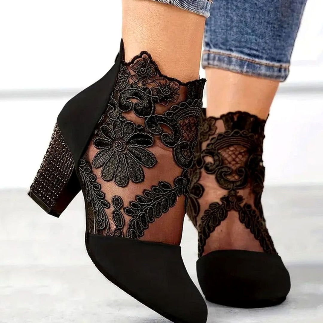 Ines | Women's Floral Lace Ankle Booties Block Heels