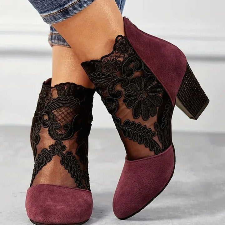 Ines | Women's Floral Lace Ankle Booties Block Heels