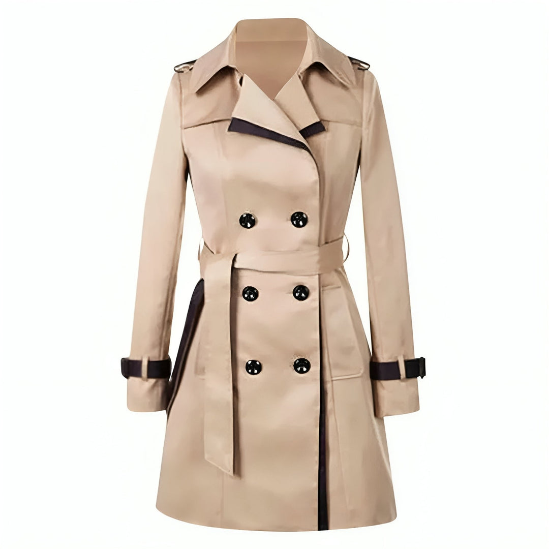 Women's belted double-breasted trench coat with long sleeves and contrast trim