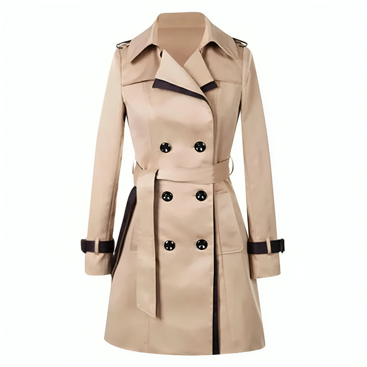 Women's belted double-breasted trench coat with long sleeves and contrast trim