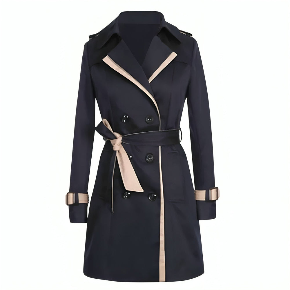 Women's belted double-breasted trench coat with long sleeves and contrast trim
