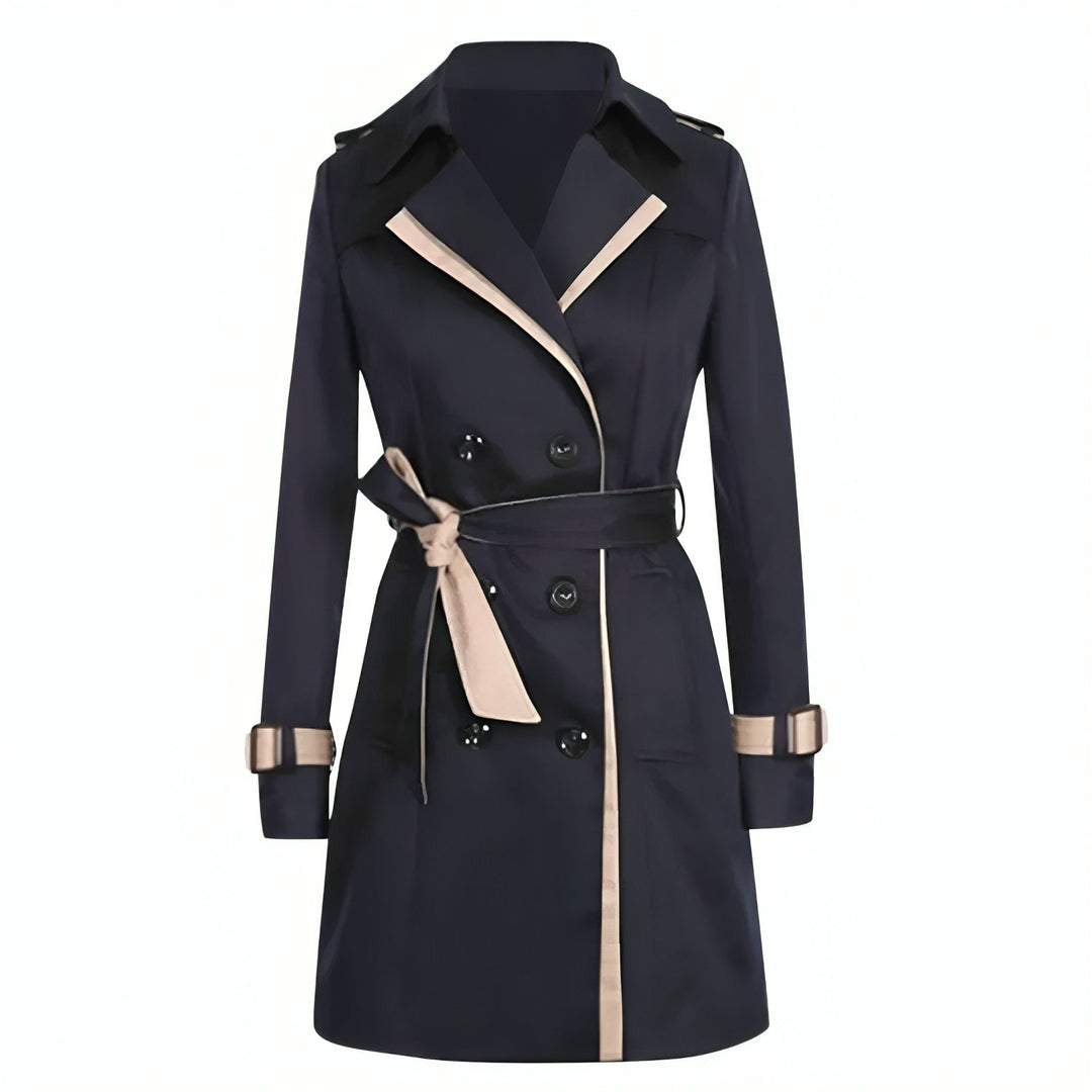 Women's belted double-breasted trench coat with long sleeves and contrast trim