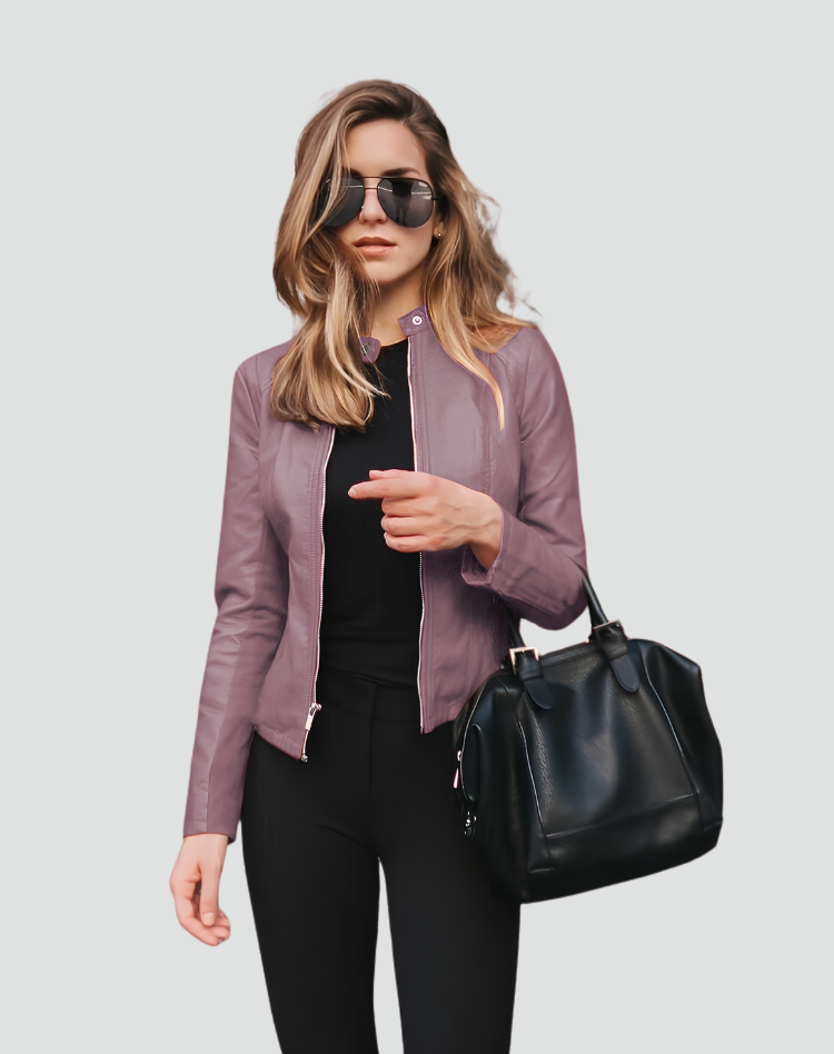 Women's short zip-front jacket with stand collar and long sleeves