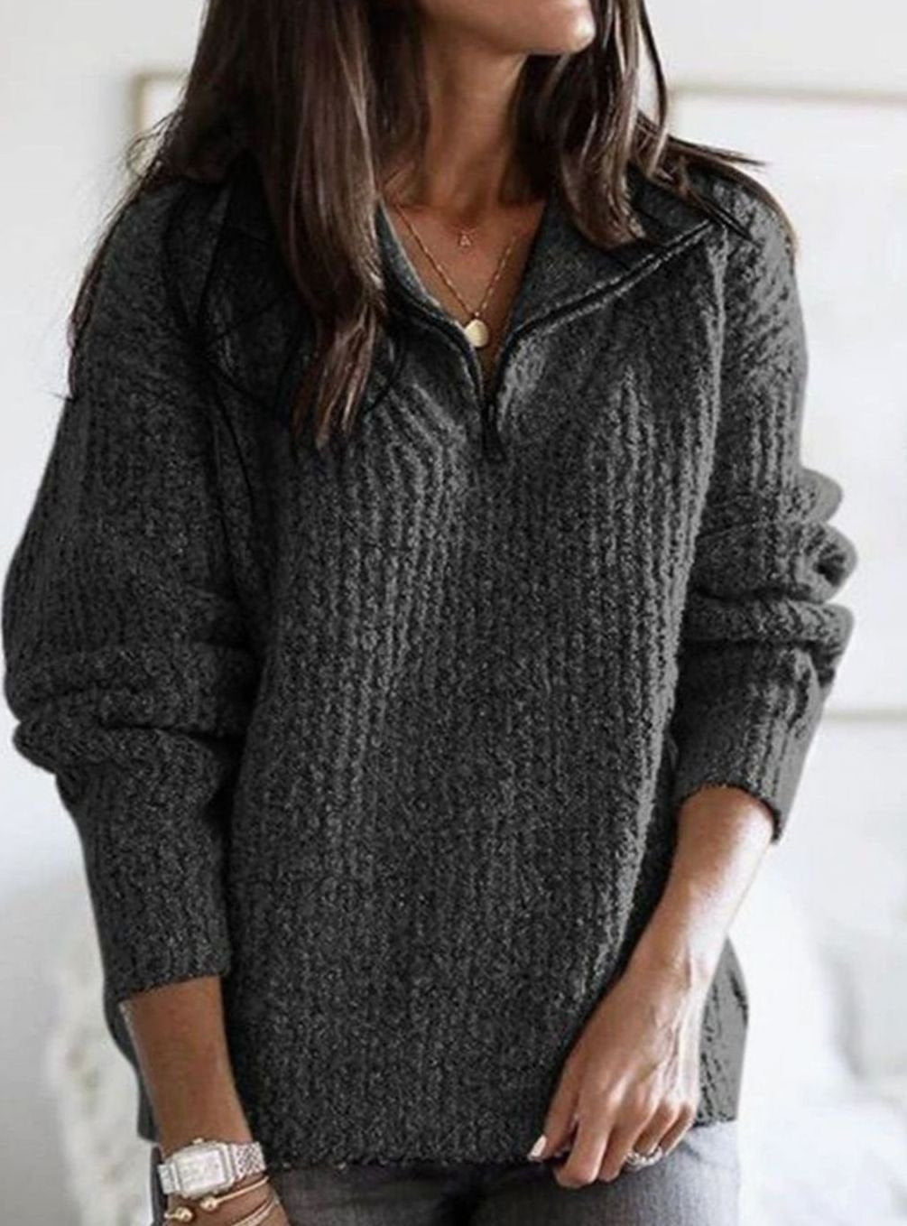Jamie | Women's Cable-Knit Quarter-Zip Pullover Ribbed Sweater