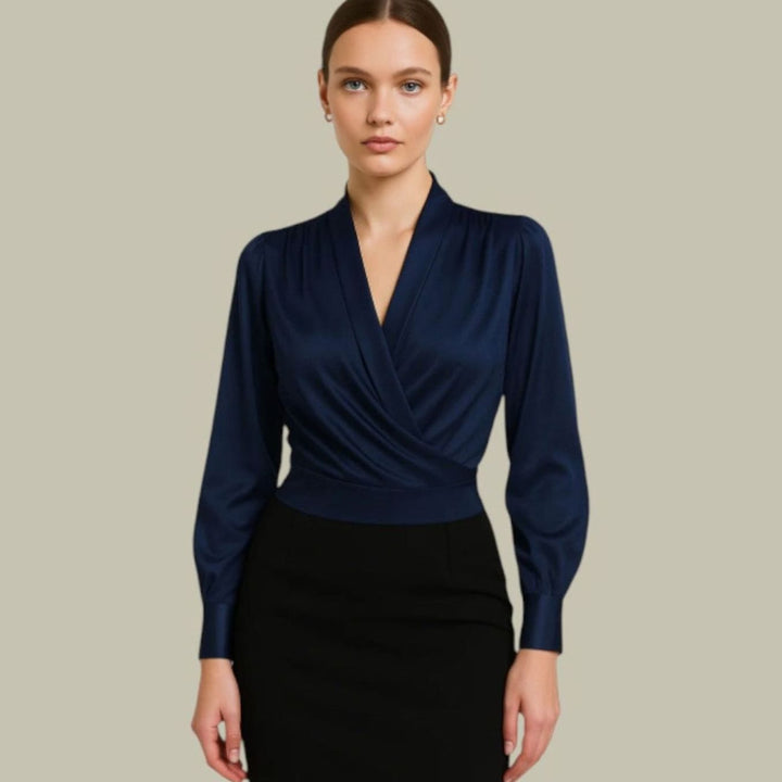Janelle | Women's Wrap-Front Long-Sleeve V-Neck Satin Blouses