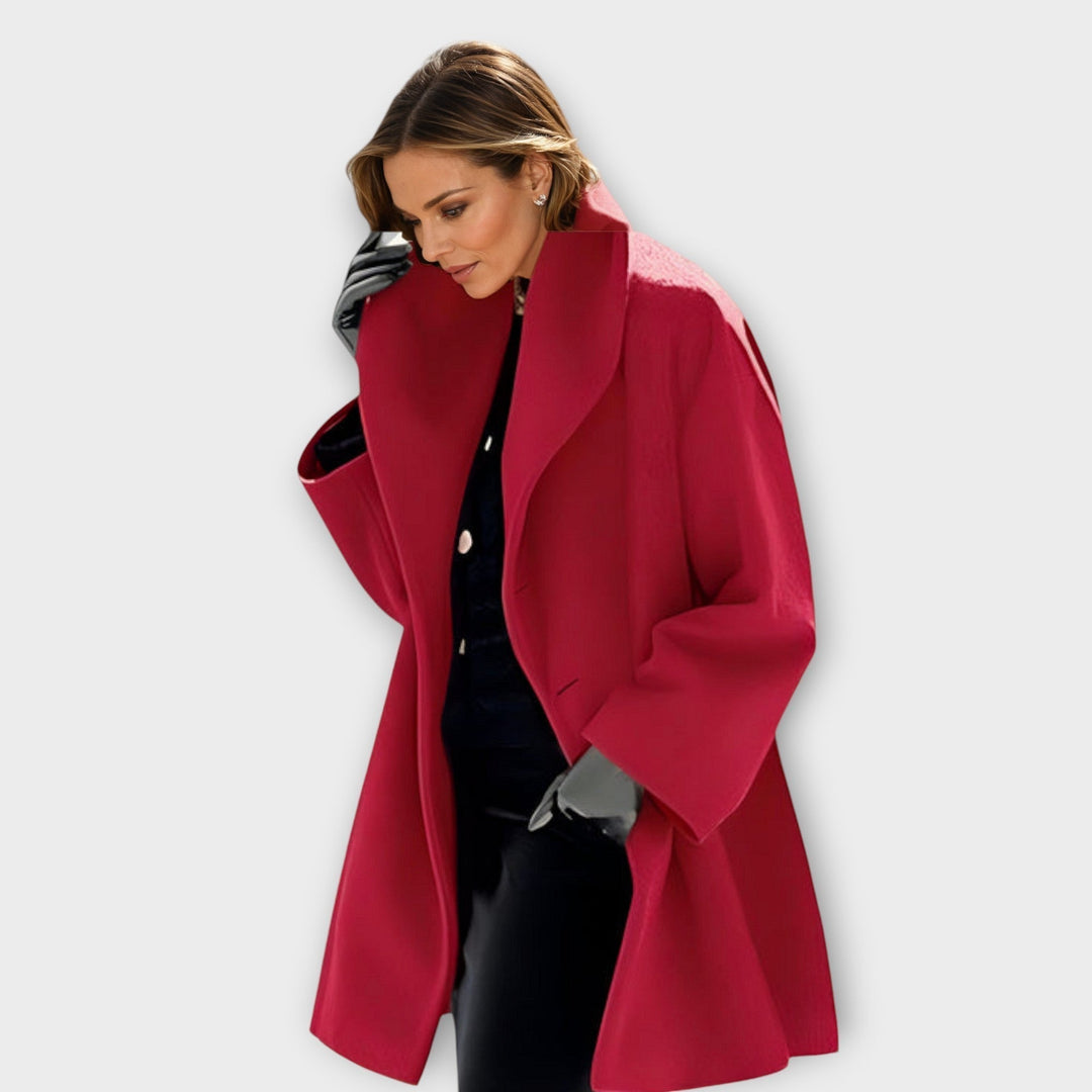 Women's long open front coat with wide lapels and long sleeves