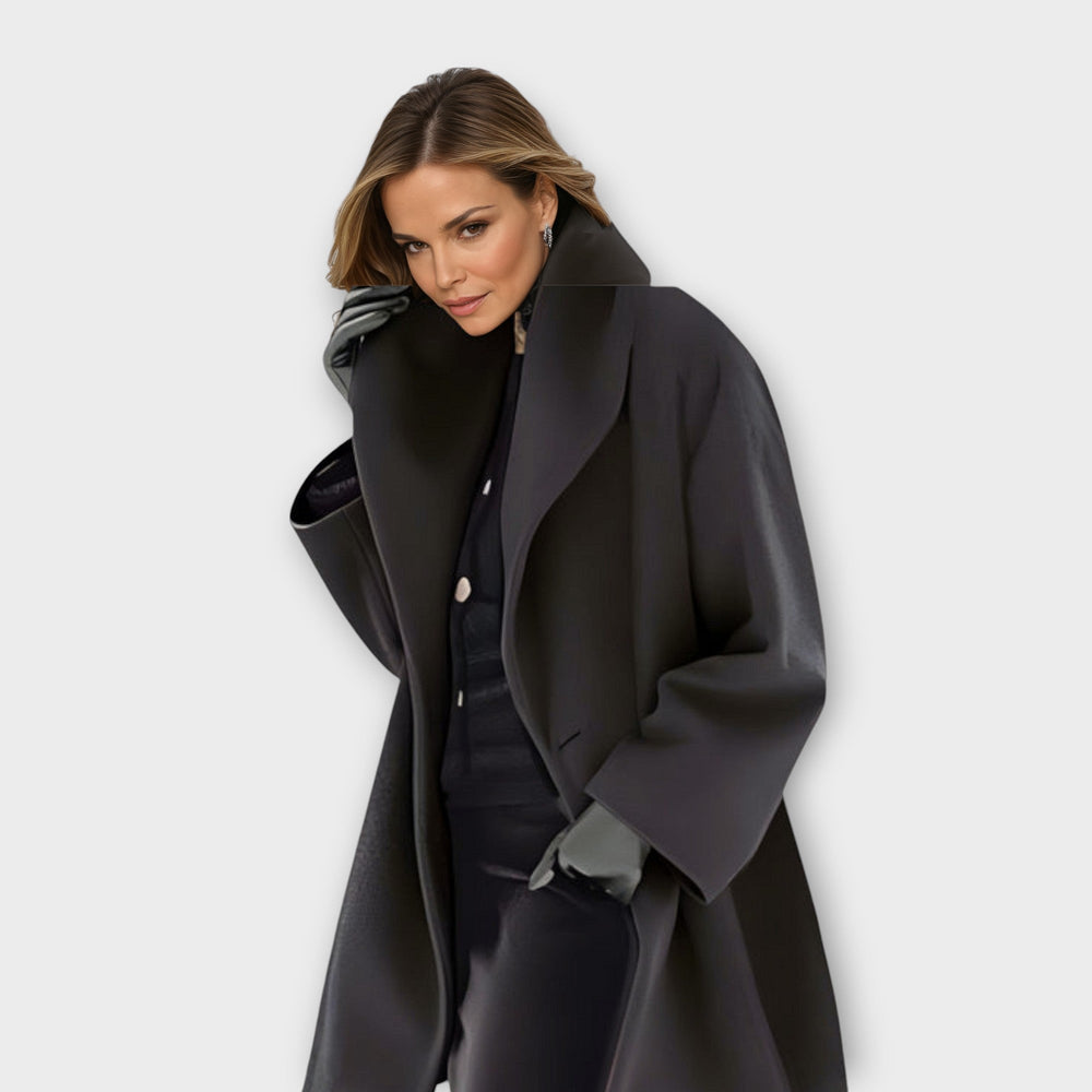 Women's long coat with oversized lapel collar and wide sleeves