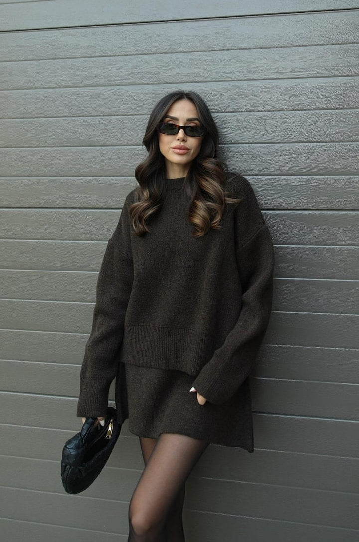 Women's long-sleeve knit sweater and short matching skirt set
