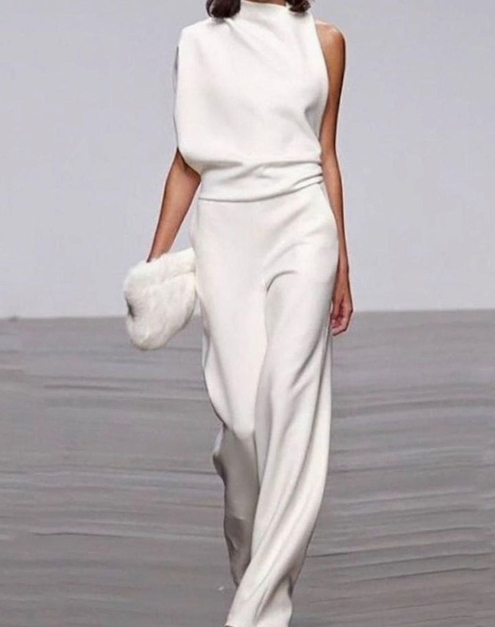 Kara | Women's High Neck Asymmetric Shoulder Jumpsuit Wide-Leg Formal