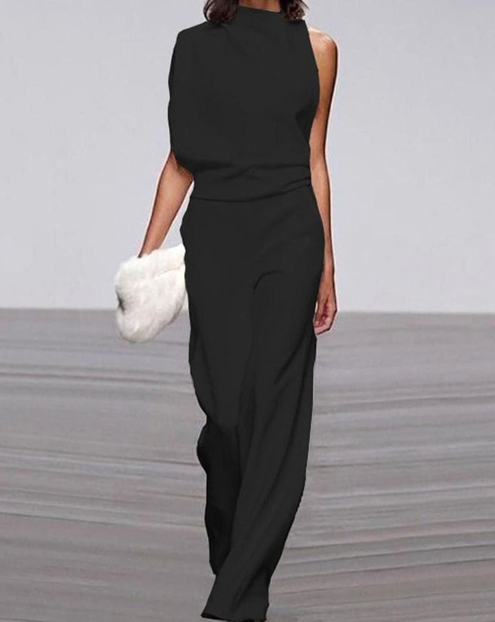 Kara | Women's High Neck Asymmetric Shoulder Jumpsuit Wide-Leg Formal