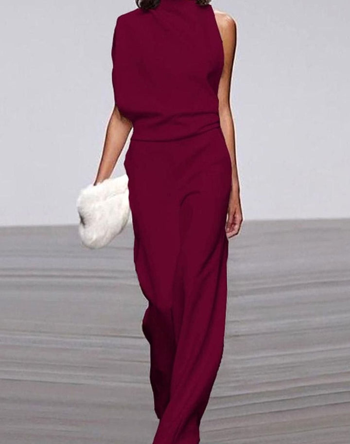 Kara | Women's High Neck Asymmetric Shoulder Jumpsuit Wide-Leg Formal