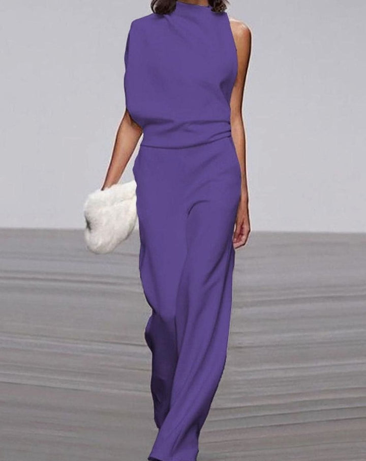 Kara | Women's High Neck Asymmetric Shoulder Jumpsuit Wide-Leg Formal
