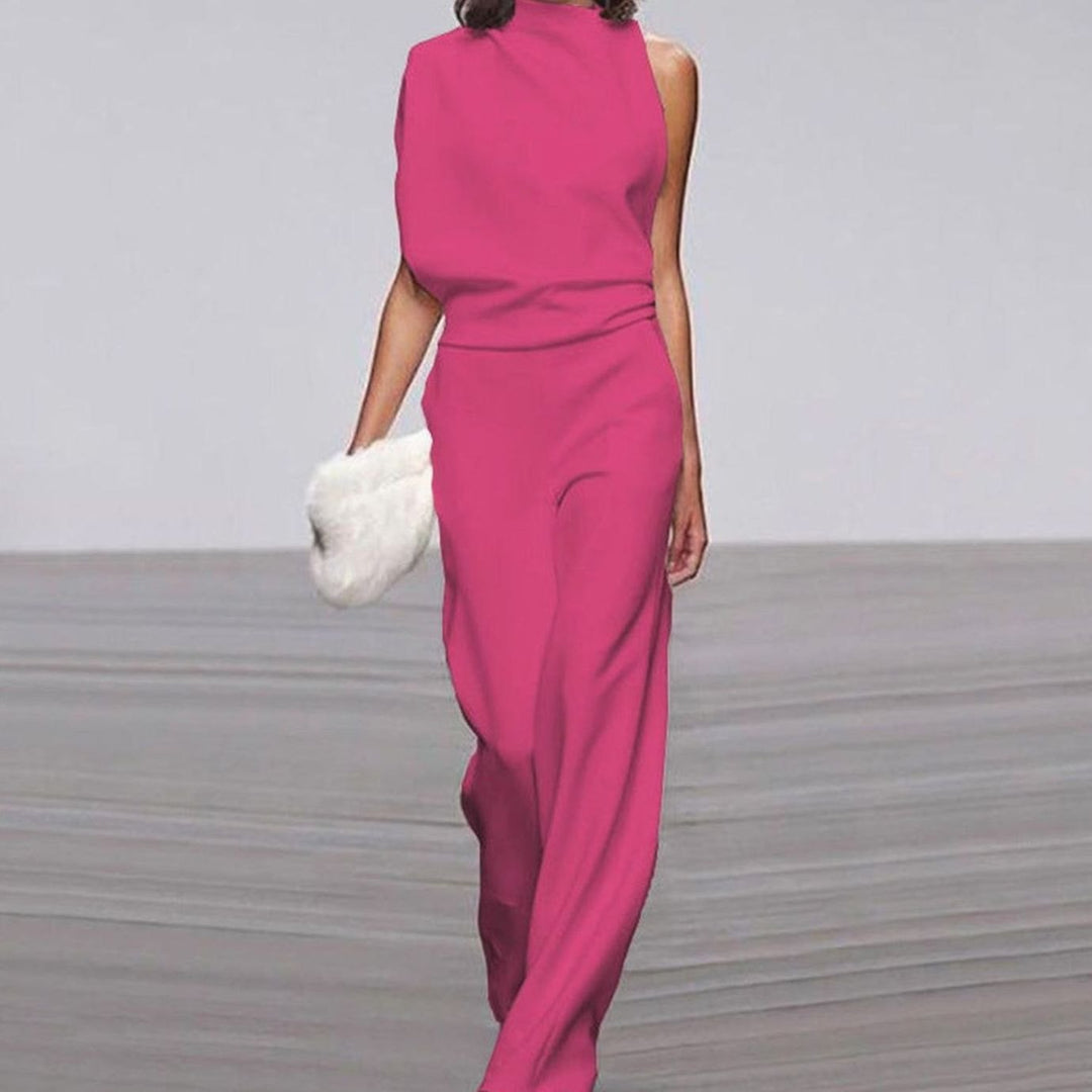 Kara | Women's High Neck Asymmetric Shoulder Jumpsuit Wide-Leg Formal
