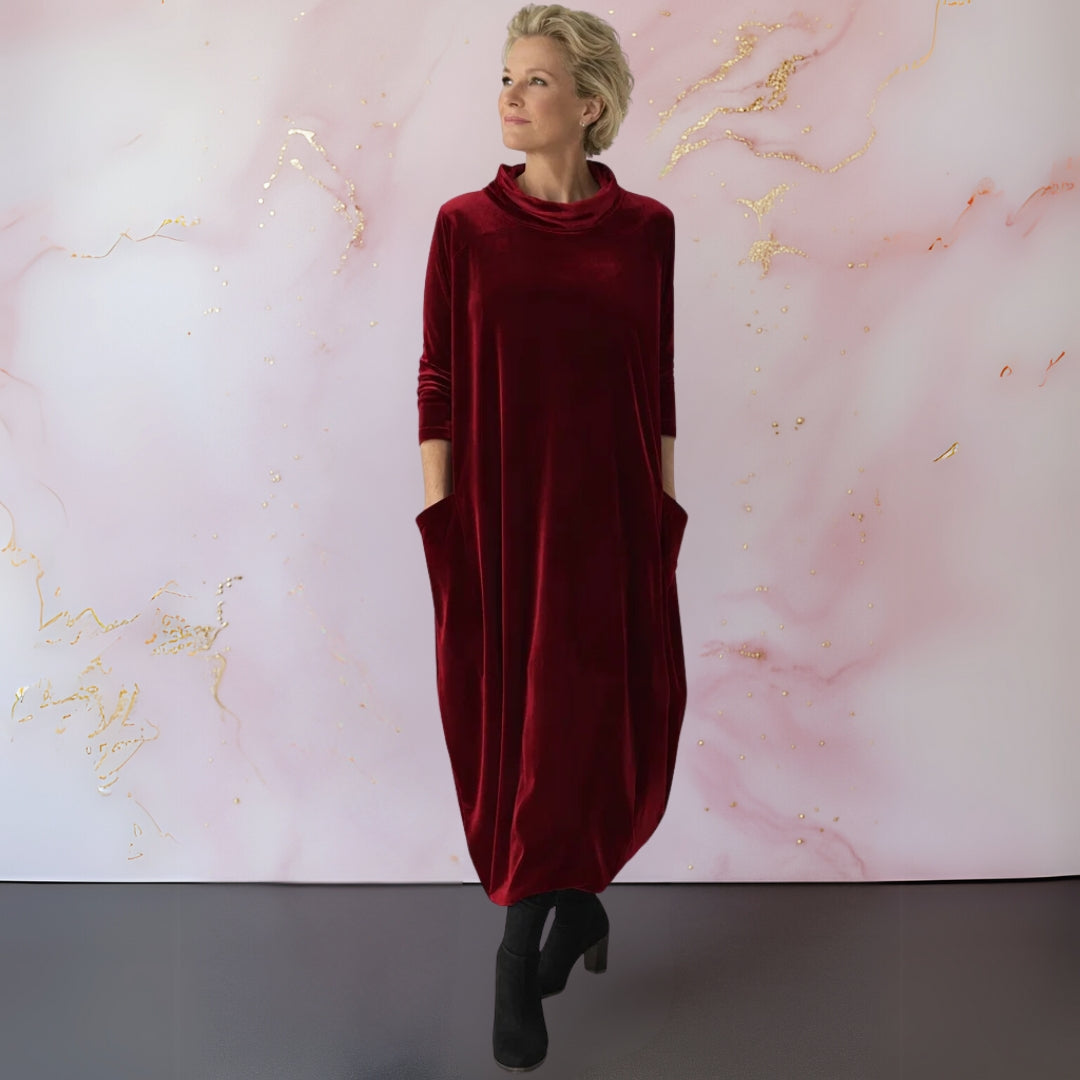 Women's velvet maxi dress with mock neck, 3/4 sleeves and side pockets