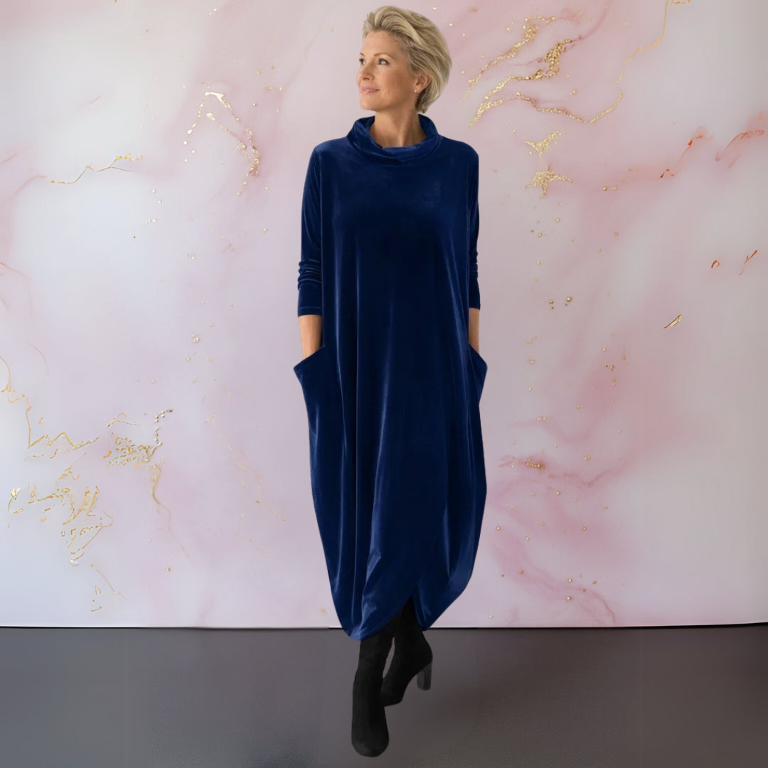 Women's velvet maxi dress with mock neck, 3/4 sleeves and side pockets