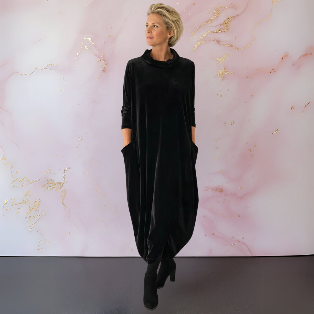 Women's velvet maxi dress with mock neck, 3/4 sleeves and side pockets