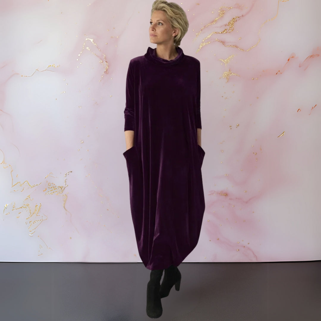 Women's velvet maxi dress with mock neck, 3/4 sleeves and side pockets