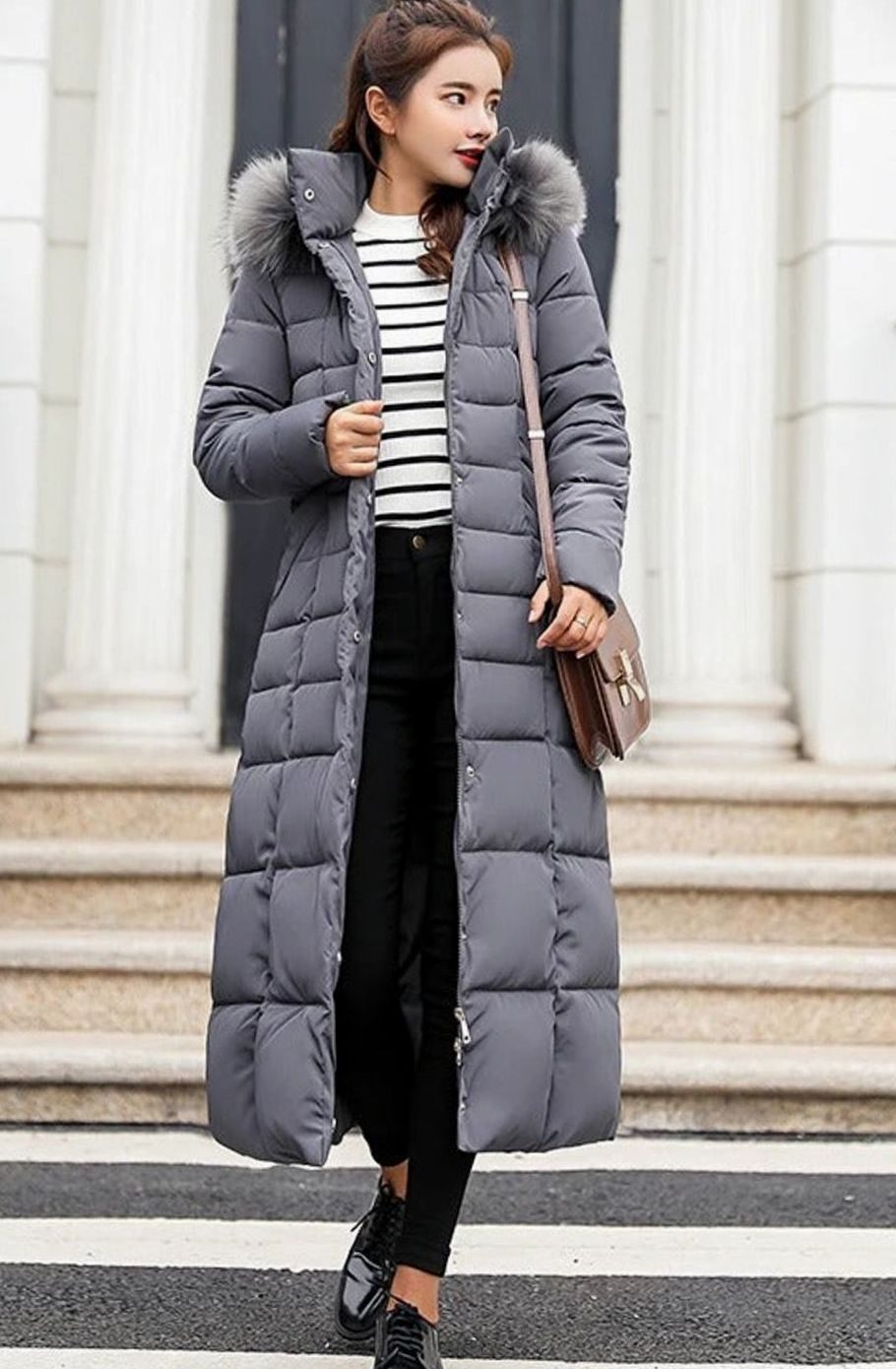 Kennedy | Women's Belted Long Quilted Hooded Puffer Coat Fur Trim
