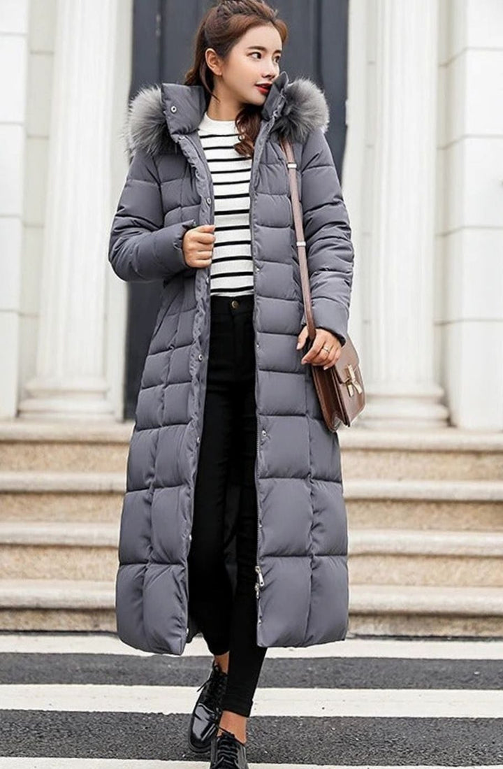Kennedy | Women's Belted Long Quilted Hooded Puffer Coat Fur Trim