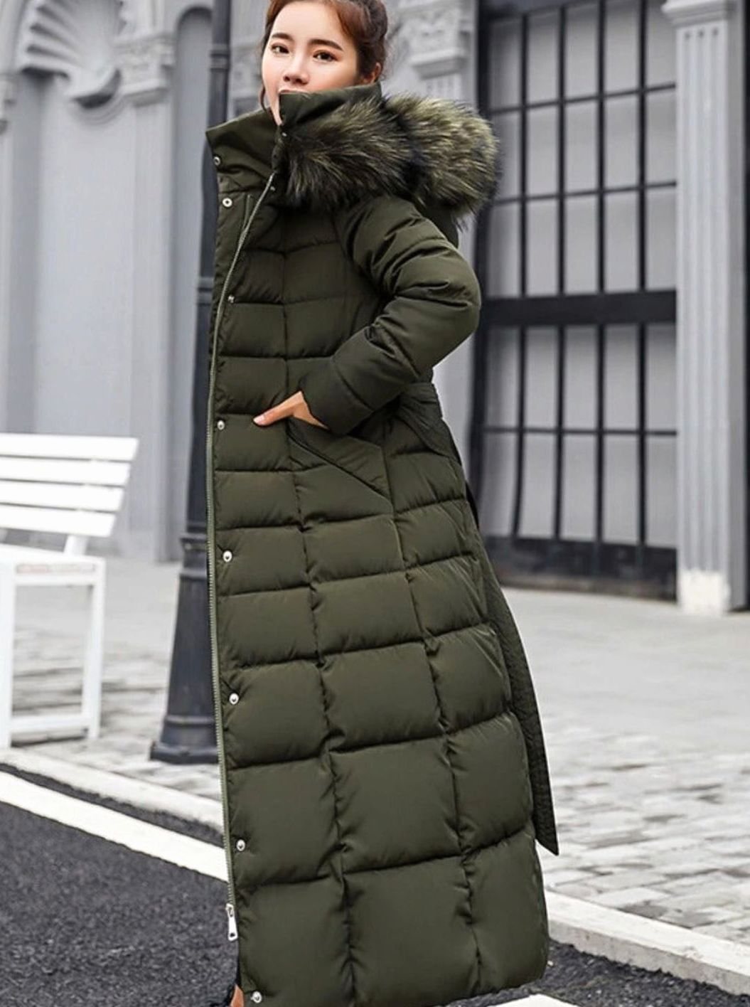 Kennedy | Women's Belted Long Quilted Hooded Puffer Coat Fur Trim