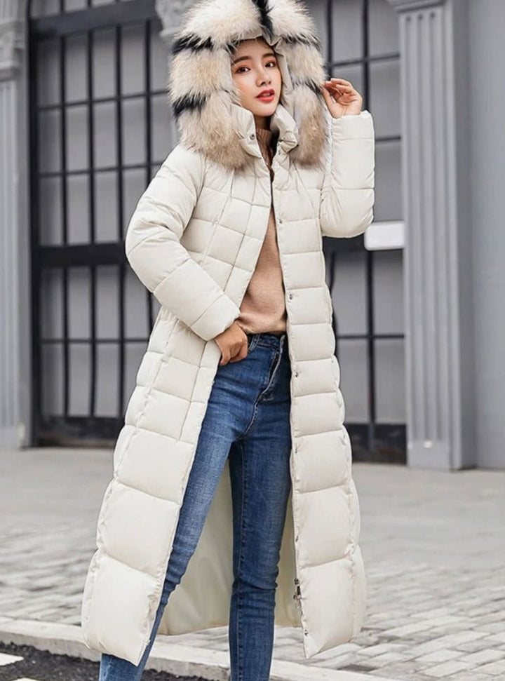 Kennedy | Women's Belted Long Quilted Hooded Puffer Coat Fur Trim