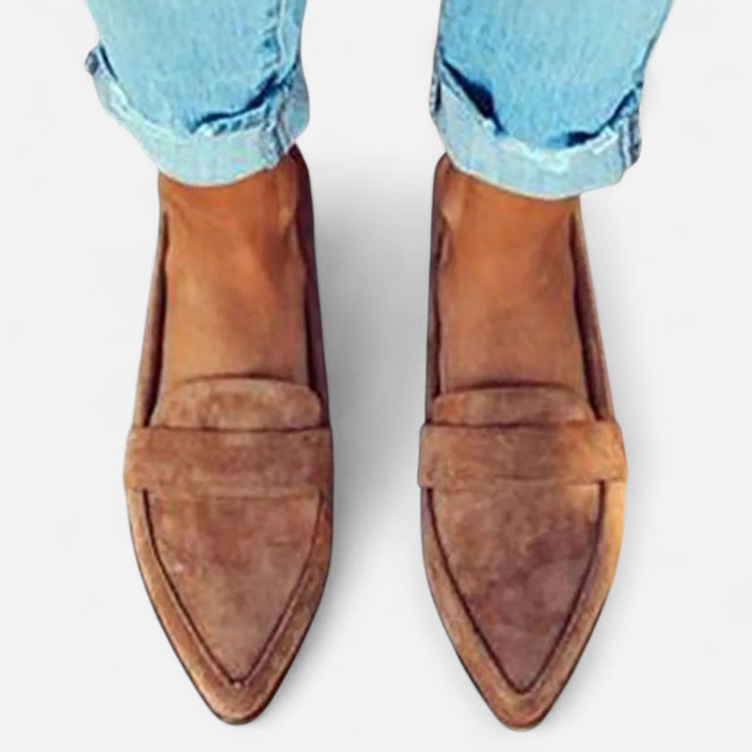 Women's pointed slip-on loafers with penny straps and low heels