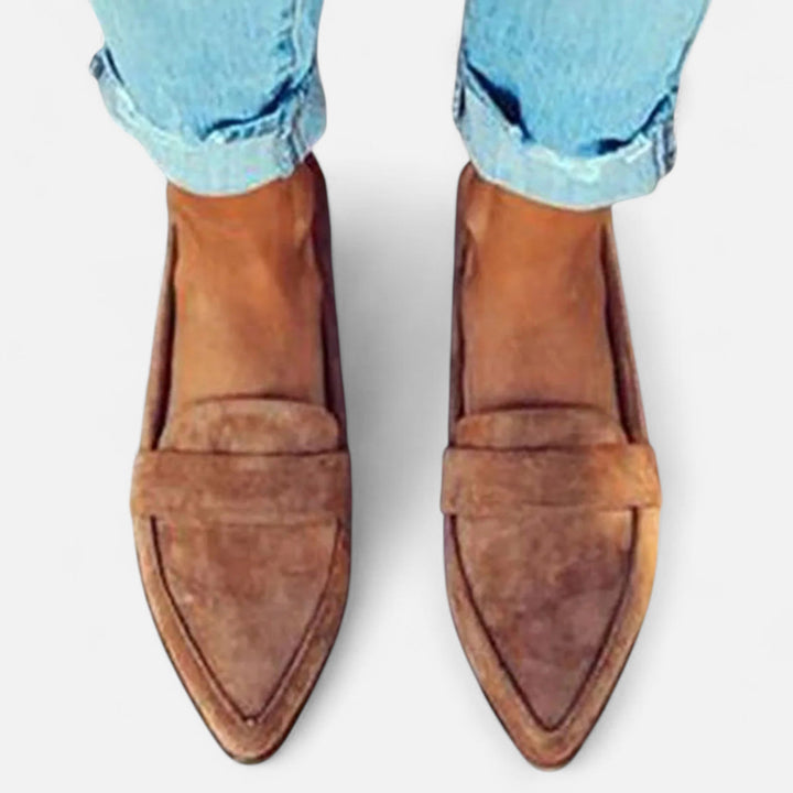 Women's pointed slip-on loafers with penny straps and low heels