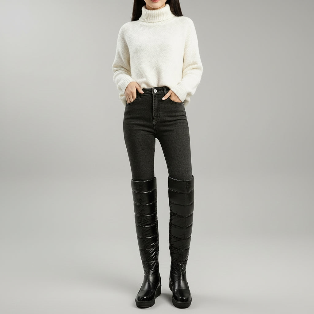 Women's black quilted over-the-knee boots with round toes, flat platform soles and bow detail