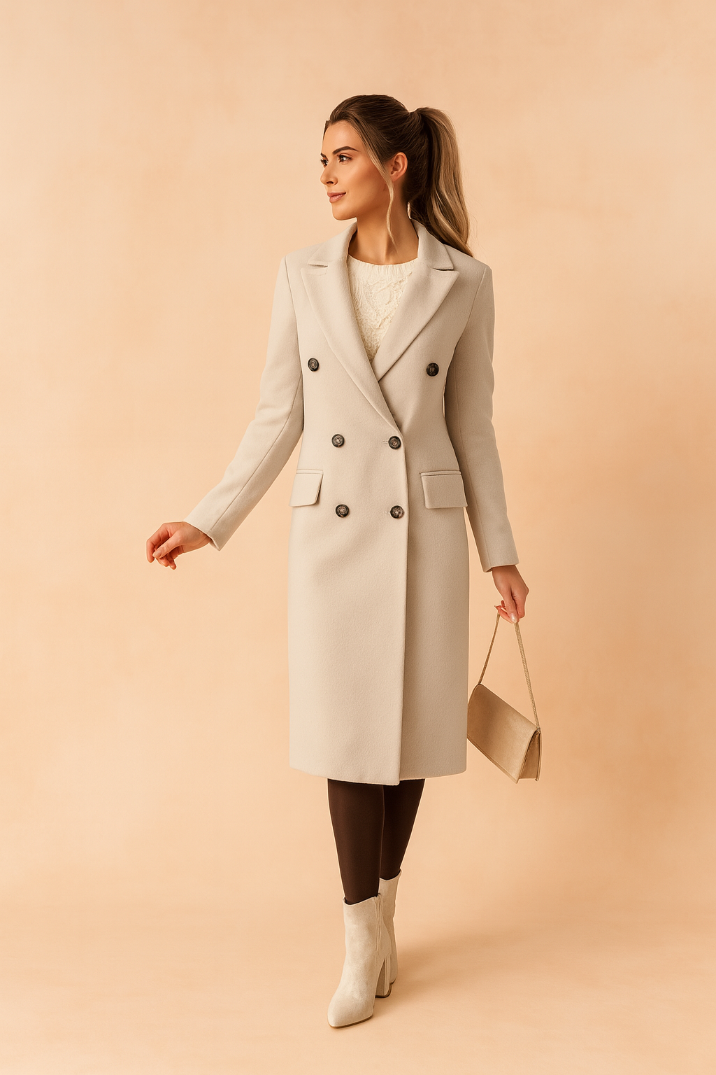 Women's long double-breasted coat with notched lapels and flap pockets