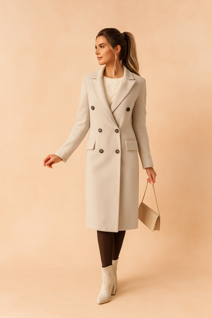 Women's long double-breasted coat with notched lapels and flap pockets