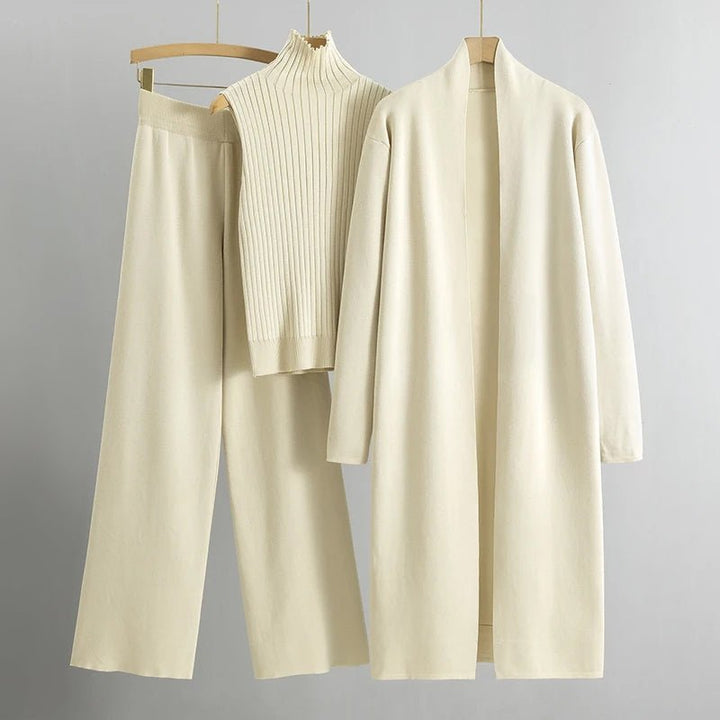 Women’s Three-Piece Set | Knit Top, Long Cardigan, and Matching Pants