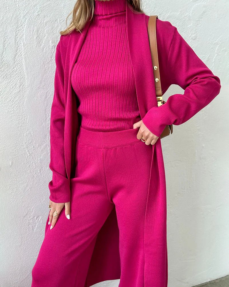 Women’s Three-Piece Set | Knit Top, Long Cardigan, and Matching Pants
