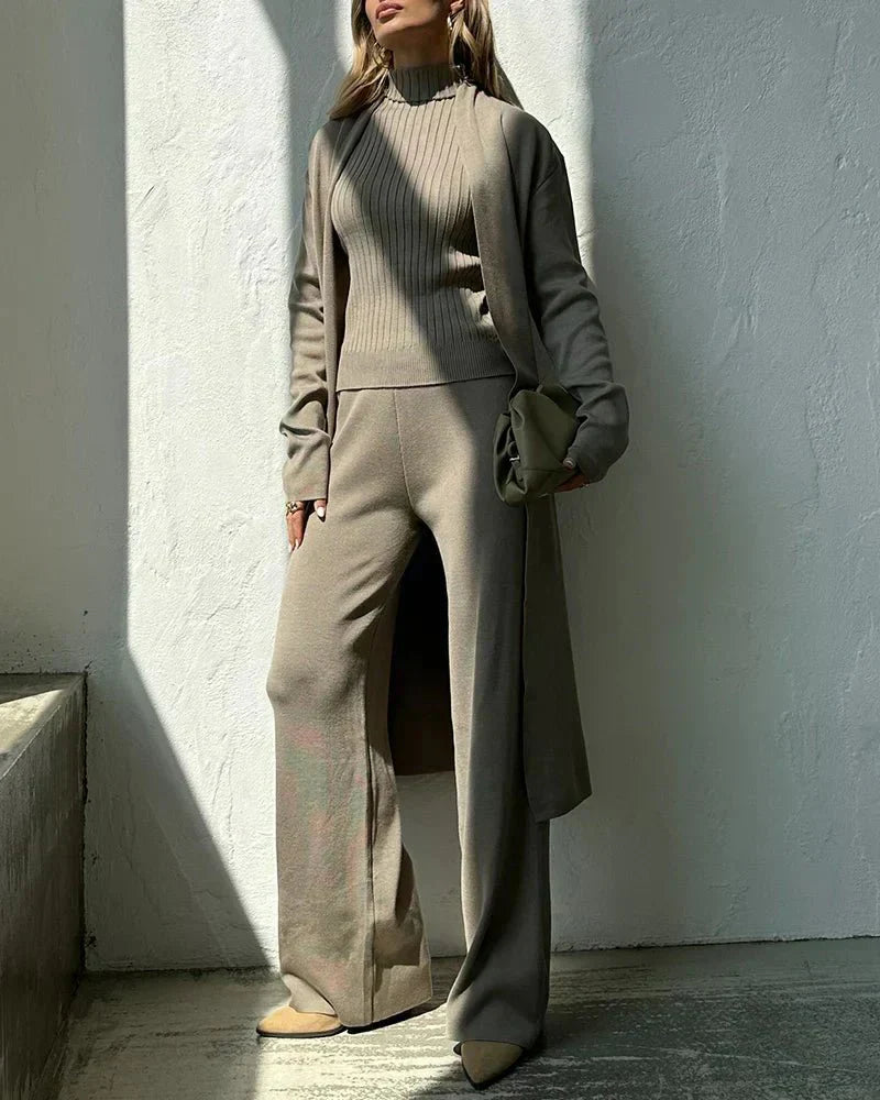 Women’s Three-Piece Set | Knit Top, Long Cardigan, and Matching Pants