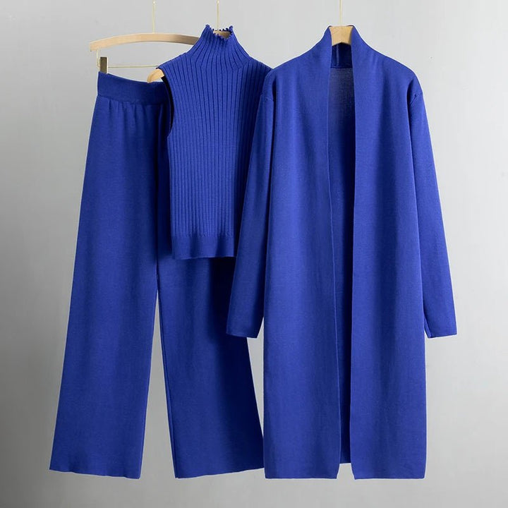 Women’s Three-Piece Set | Knit Top, Long Cardigan, and Matching Pants