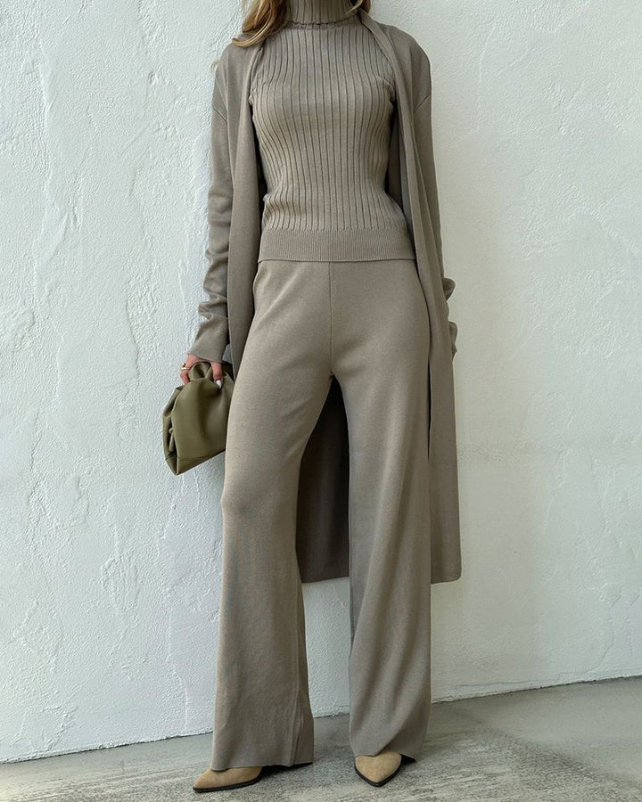 Women’s Three-Piece Set | Knit Top, Long Cardigan, and Matching Pants