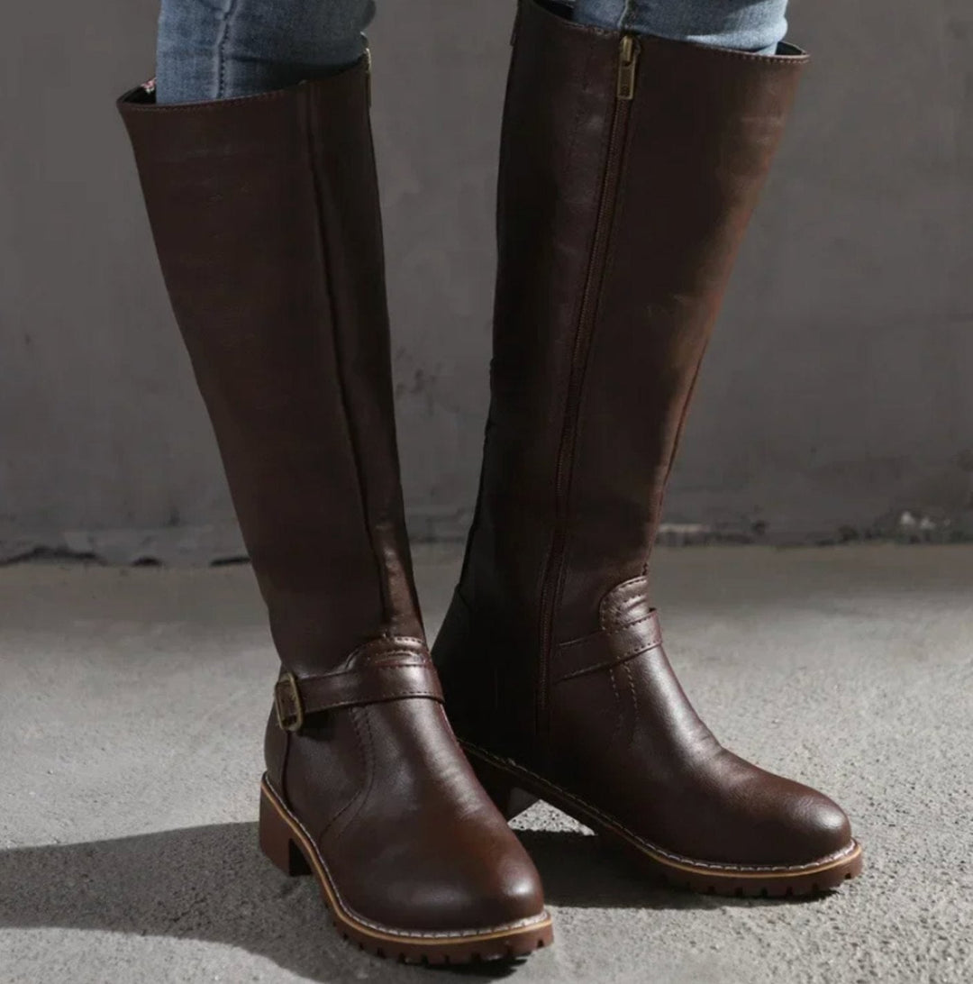 Lainey | Women's Knee-High Block-Heel Buckle Strap Leather Boots
