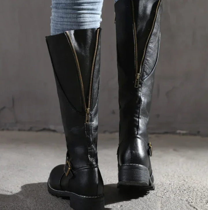 Lainey | Women's Knee-High Block-Heel Buckle Strap Leather Boots
